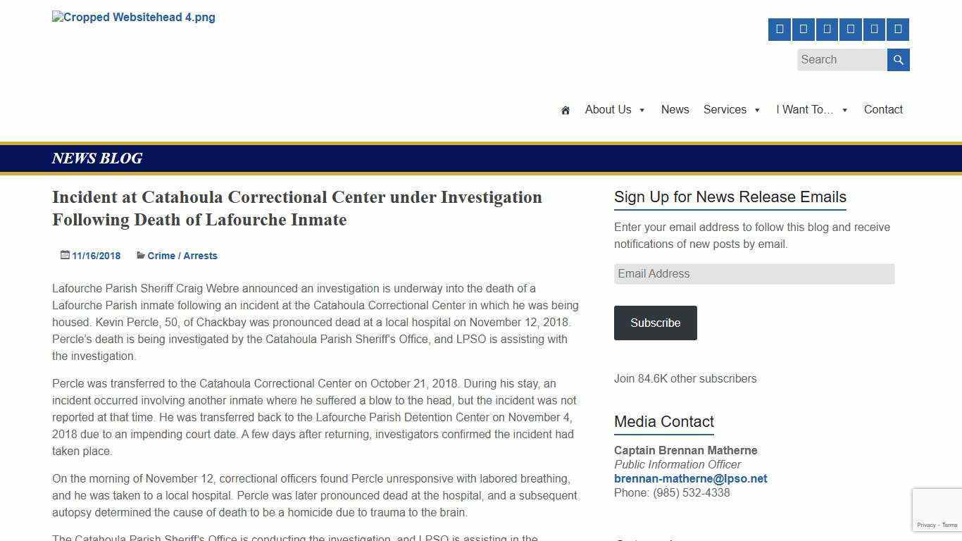 Incident at Catahoula Correctional Center under Investigation Following Death of Lafourche Inmate – Lafourche Parish Sheriff's Office